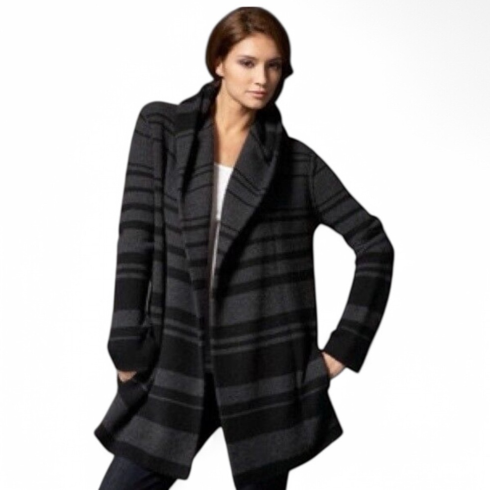 VINCE Striped Black Gray Open Cardigan Sweater Cashmere Wool Size XS S Oversized